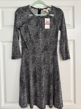 Michael Kors Black & White Animal-Print Long Sleeve Fit-and-Flare Dress